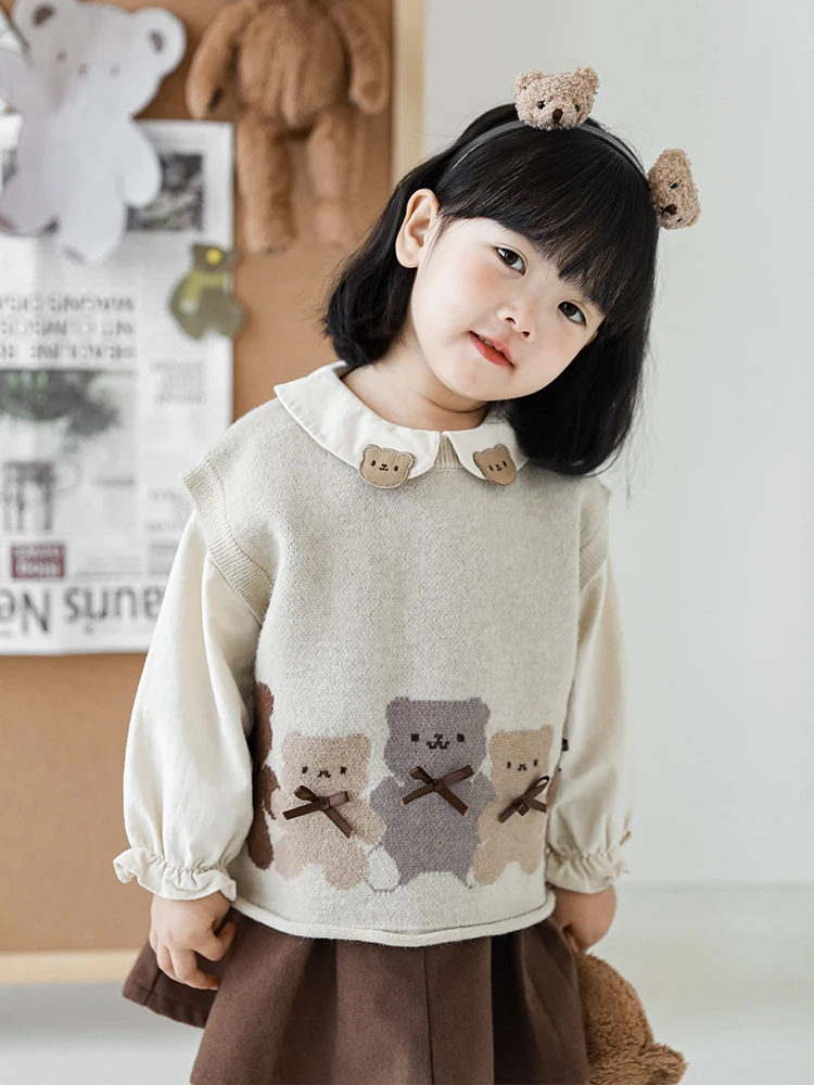 Girls Bear Autumn Dress Cute Cartoon Embroidered Baby Children Long Sleeve Shirt Fashion Overalls