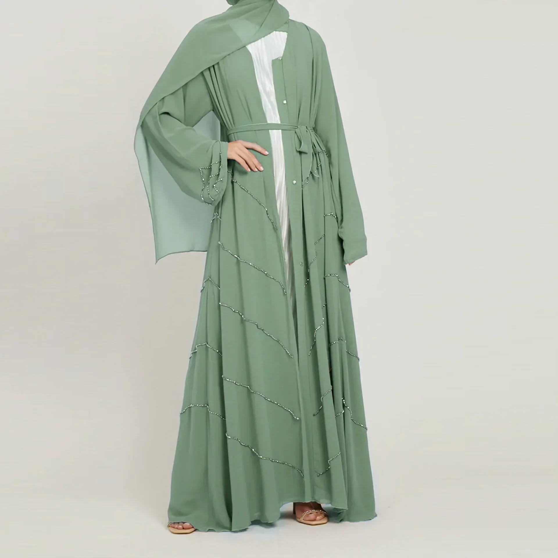 Ramadan Moslim Kimono Abaya Dubai Zomerfeest Elegante Hijab Jurk Met Kralen Open Abaya 'S Voor Vrouwen Kalkoen Jurken Islam Kaftan Gewaad