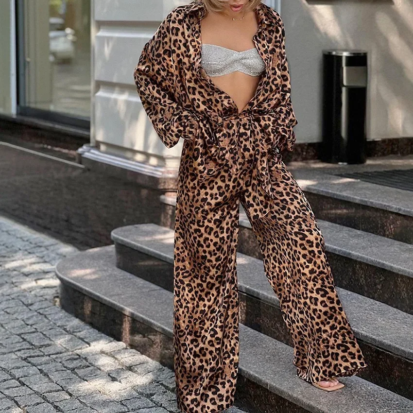 Sexy Leopard Print Loose Collar Long Sleeved Pants Casual Set 2024 Spring/summer New Fashion Two-piece Set for Women