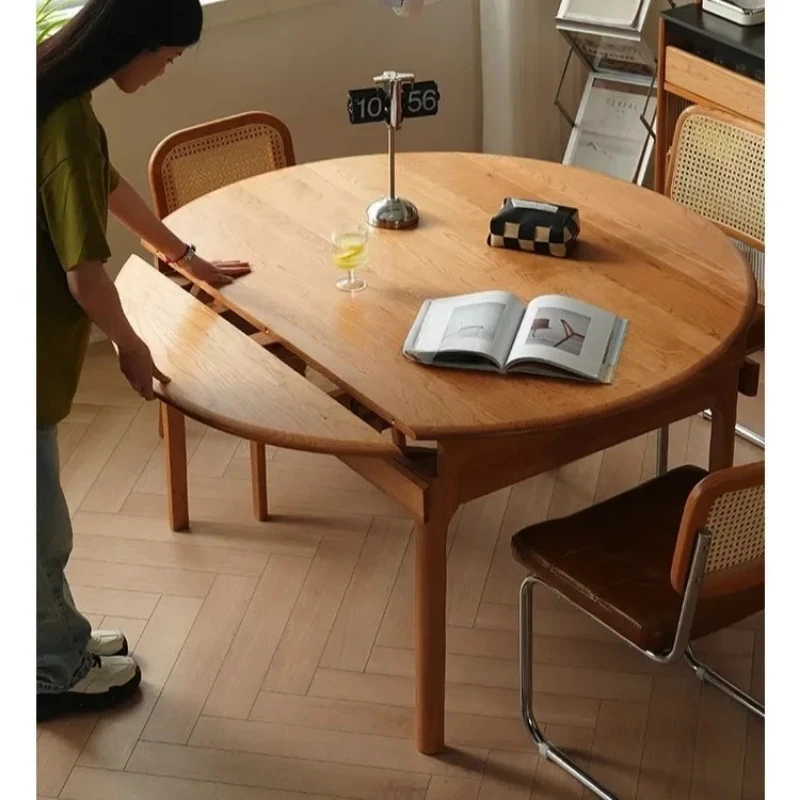 Telescopic  Cherry Wood Solid Wood Extendable Dining Table Foldable Telescopic Round Table Home Dining Table