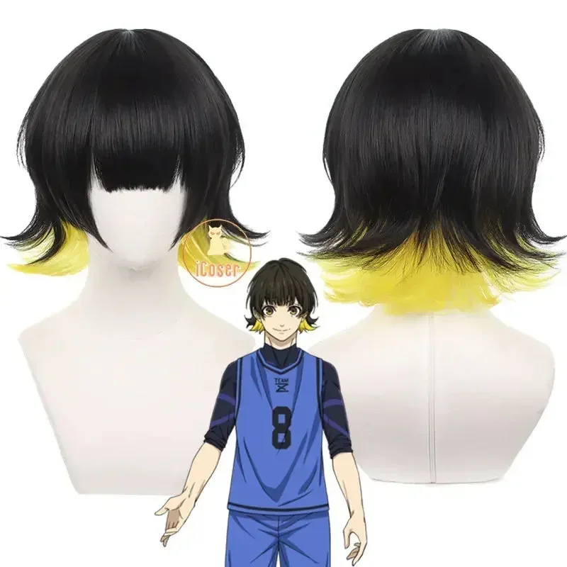 NewAnime الأزرق قفل Bachira Meguru شعر مستعار تأثيري أسود أصفر وعاء الشعر قطع فريق Z No.8 لاعب كرة القدم بوب هالوين ملحق الرجال