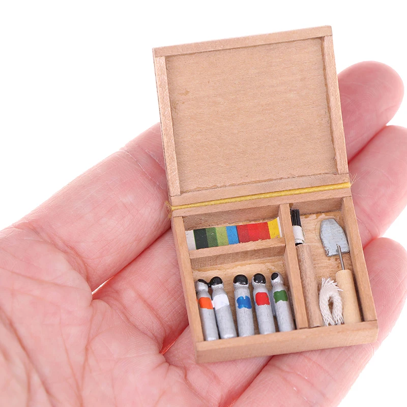 

Mini Artist Paint Box 1:12 Scale -Wooden Case with Paint Tubes&Brushes,Dollhouse Art Supply Set for CreativeStudioScenes&Display