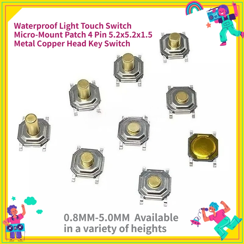 60PCS 12V 5.2*5.2*1.5mm 12V 0.5A 4 Pin SMT Push Button Switch Metal Tactile Micro Tact Touch Switch Copper Interruptor 4x4x1.5