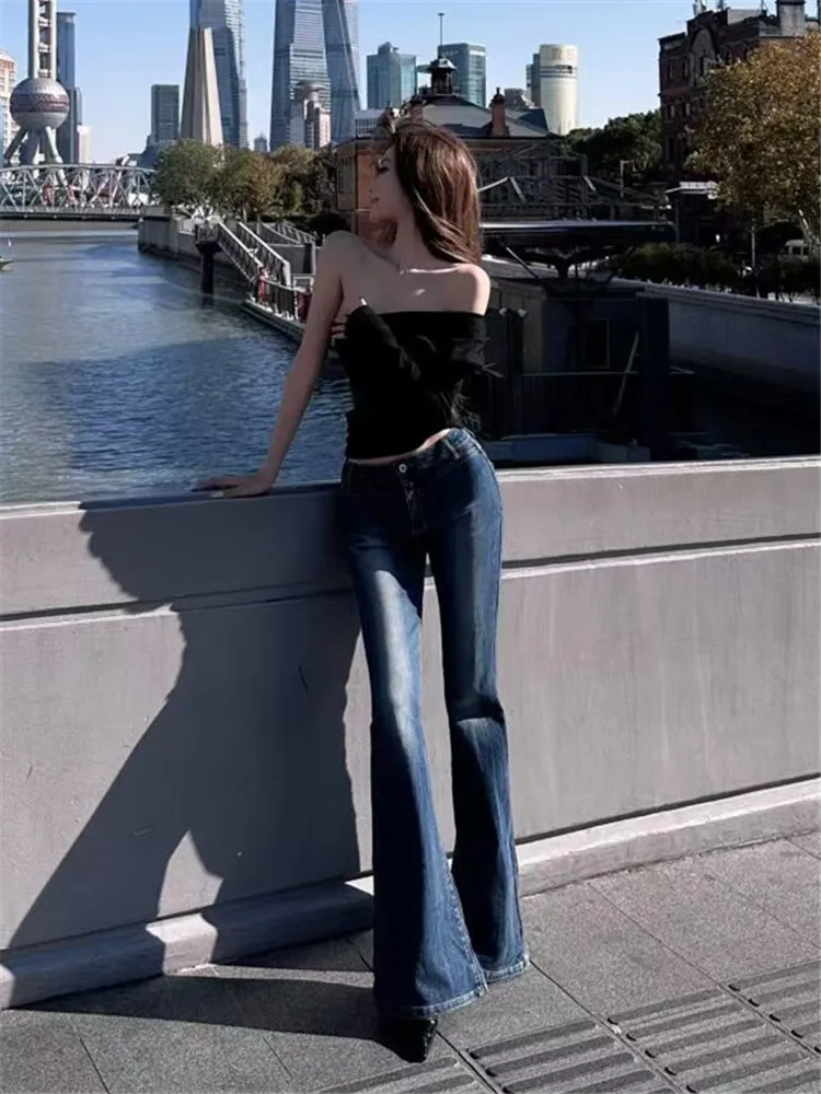 

Deep Blue Mid-Low Waist Flared Jeans Women's Autumn Winter Design Slim Elastic Tall Extended Hoof Pants