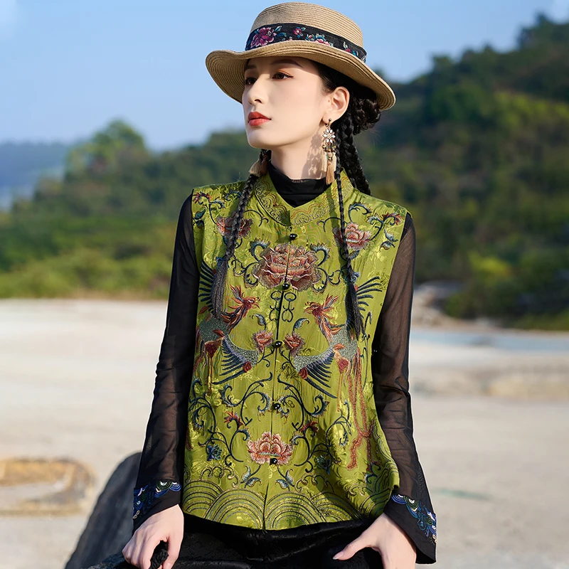 Double-Sided Embroidered Heavy Work Design Satin Floral Embossed Vest Women's Retro Style Slimming High End Fashion Top