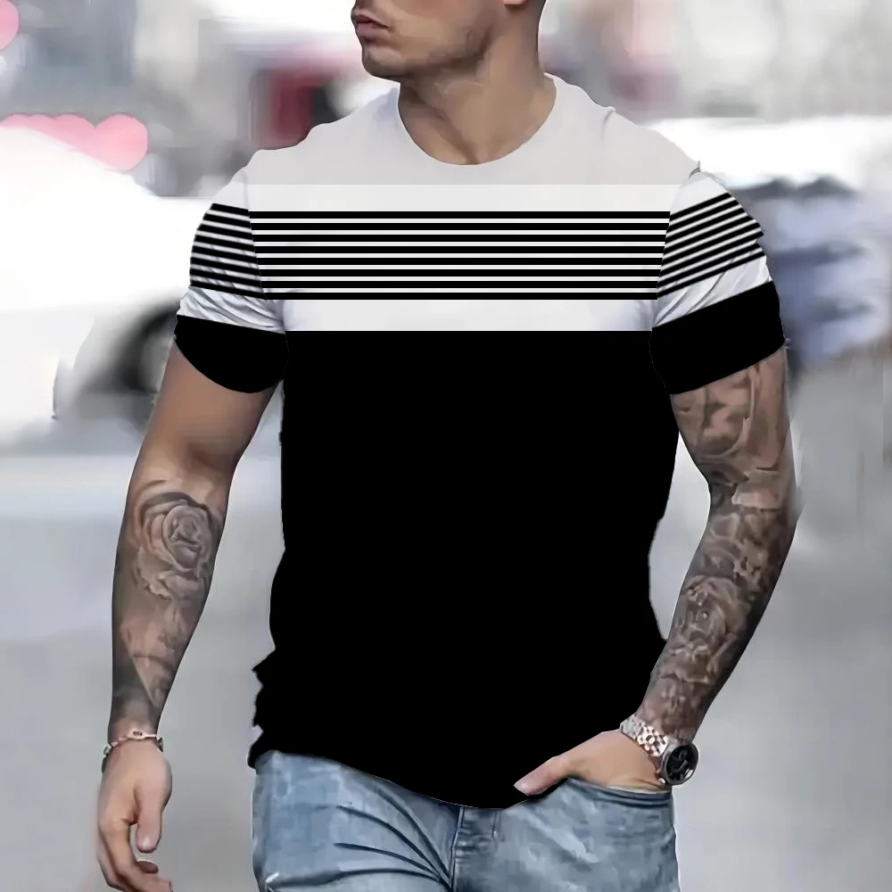 

Summer striped Harajuku fashion casual loose men's T-shirt round neck pullover trendy street muscle men 3D short sleeved shirt