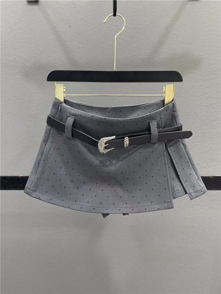 

Grey Polka Dot Asymmetrical Slit Suit Skirt Women's Short Skirt Pants Slimming Sexy Low Waist Cotton Blend Casual Wear