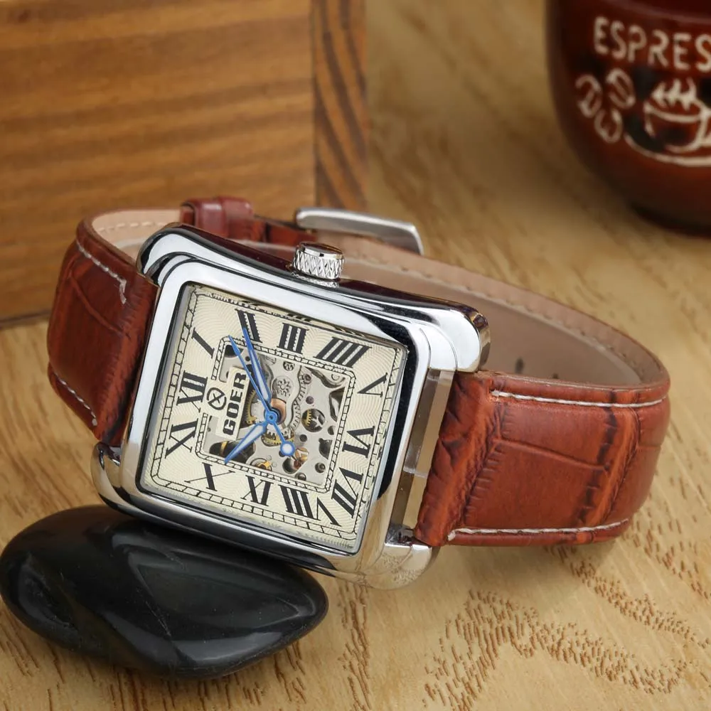 Fashion Square Watch Men Mechanical Watches T-GOER Leather Band Skeleton Automatic Mechanical Wristwatches Relogio Masculino