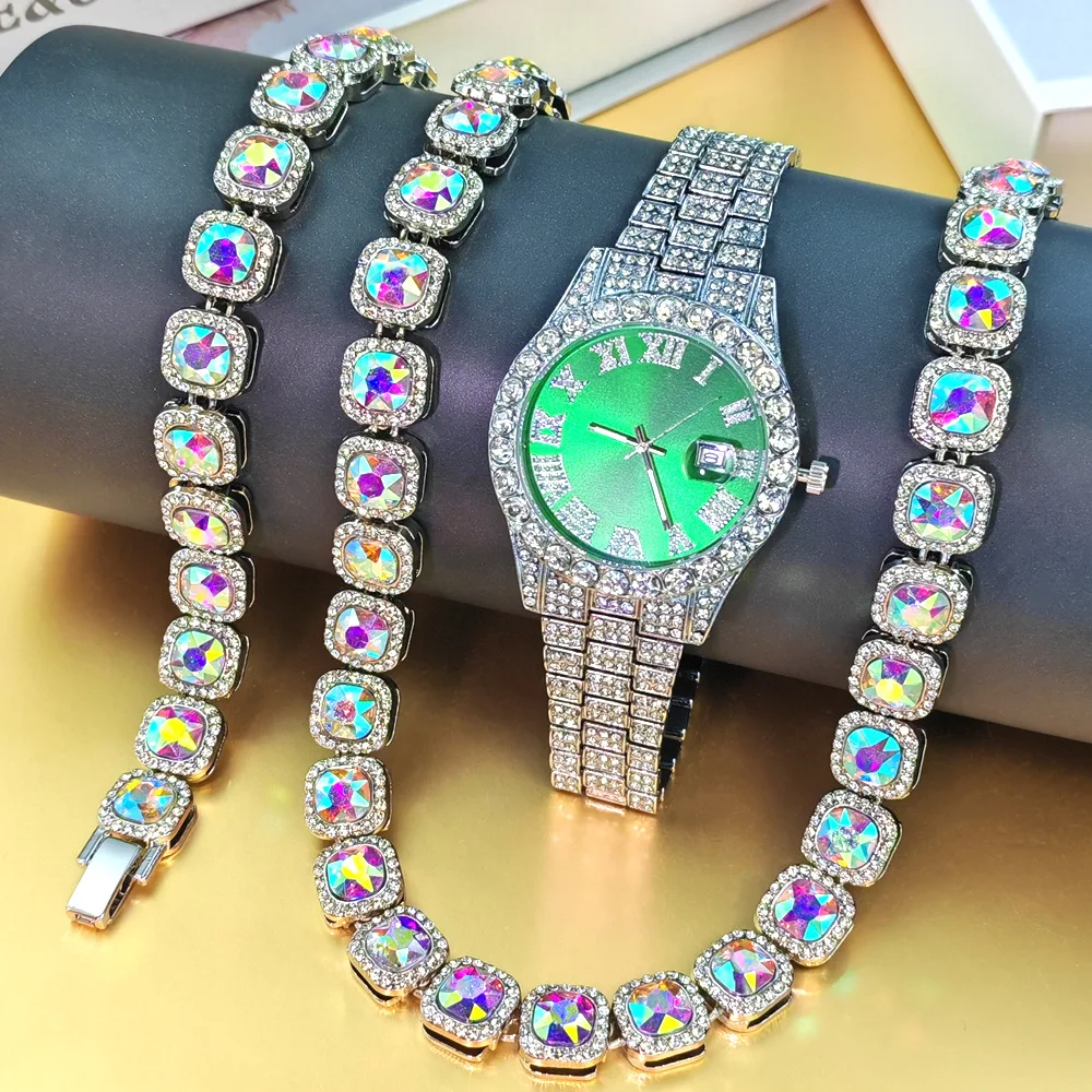 Purcolasia Green Color Tennis Chain Hip Hop Necklace Watch Iced Out Chain Jewelry Sets for Men Woman