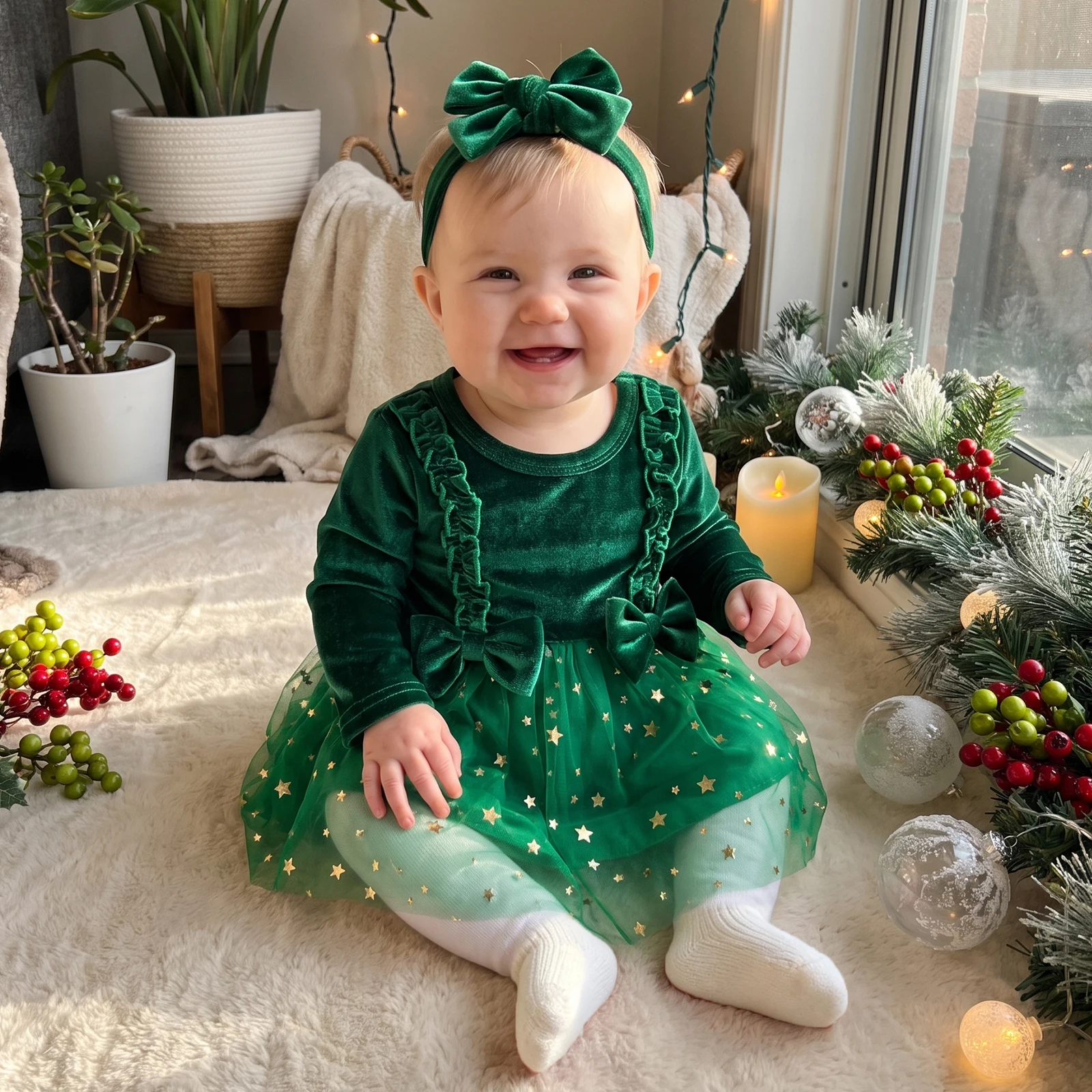 Baby Girl Christmas Dress Star Print Long Sleeves Dress with Bow Headband