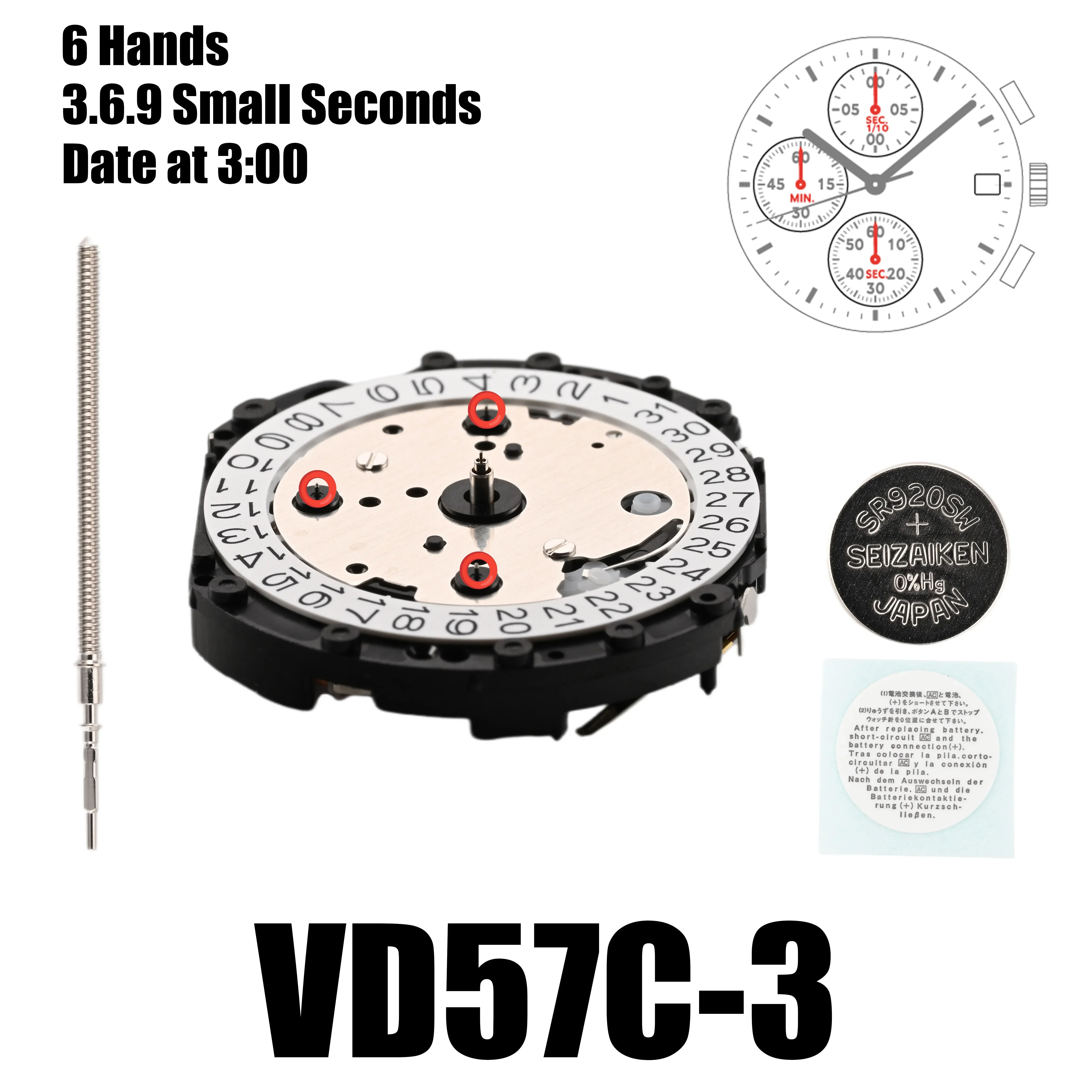 นาฬิกาควอทซ์เคลื่อนไหวแบบ VD57 VD57C 6มือ6/9/12วินาทีเล็กๆกลไกนาฬิกาญี่ปุ่นใหม่ต้นฉบับใหม่