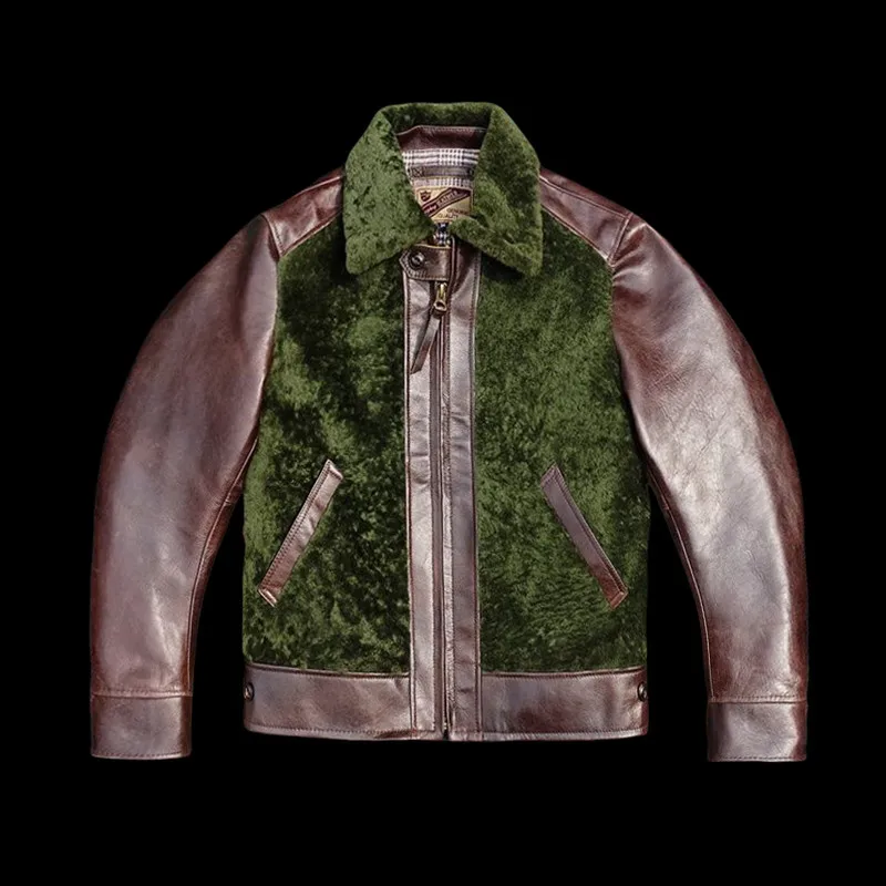 Green Bear Style! Eco-friendly Sheepskin Leather Jacket Warmth Integrated Oil Wax Cowhide Genuine Leather Coat for Youth Casu...