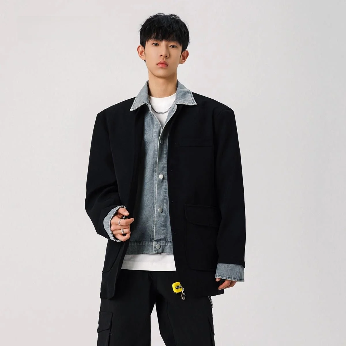 

Casual Sle Denim Patchwork Jaet Men's Spring Season Faion Design oulder Pad Collar up Jaet Top Polyester Fiber