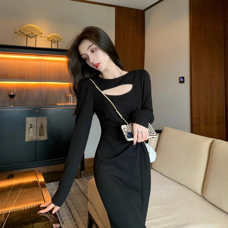 

Hepburn Style Black Dress Women Spring Waist Design Sense Elegant Goddess Hollow Out Desire Slit Long Dress