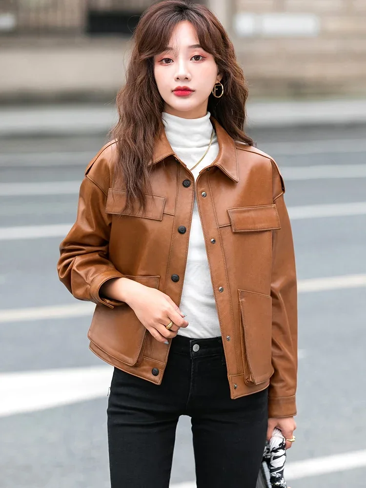 Real Leather Jacket Genuine Sheepskin Leather Coat Spring Autumn Short Leather Jackets for Women 2024 Women Coats Lapels casaco