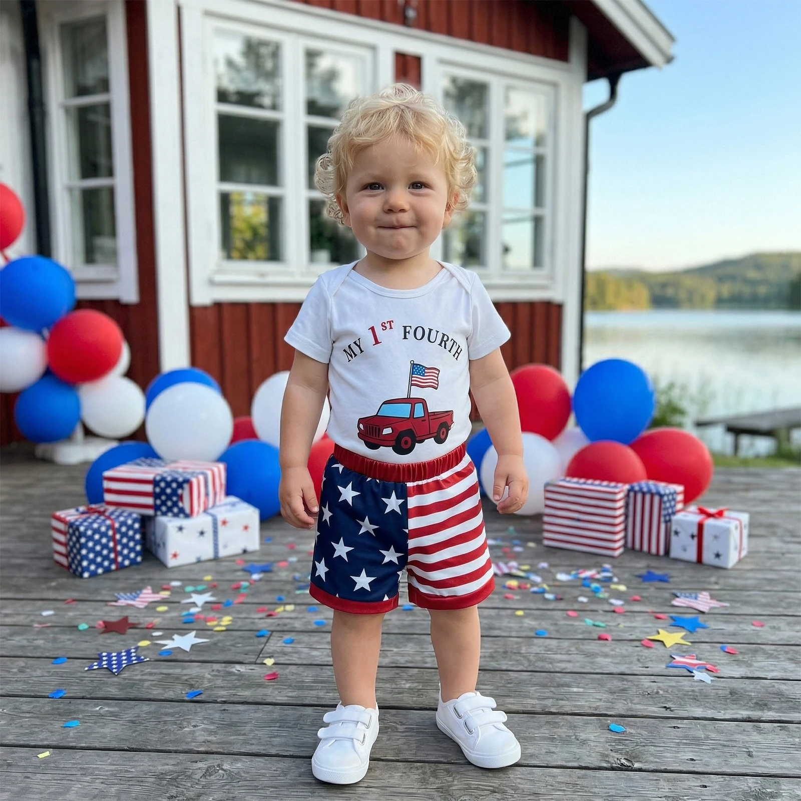 

FOCUSNORM 0-18M Newborn Baby Boys 4th of July Clothes Set Short Sleeve Crew Neck Letter Truck Print Romper Star Stripe Shorts