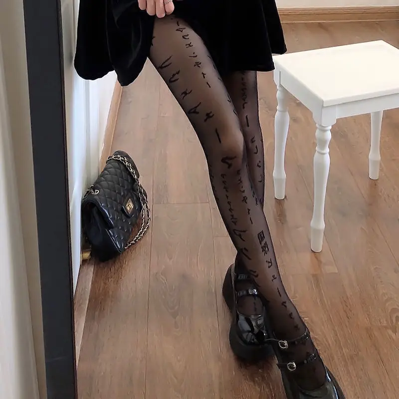 Dünne, Transparente Strumpfhose mit Tattoo-Muster für Damen, Sexy Japanische Kanji-Buchstaben-Druck Strumpfhose, Mädchen Persönliche Durchsichtige Strümpfe – Detail 8