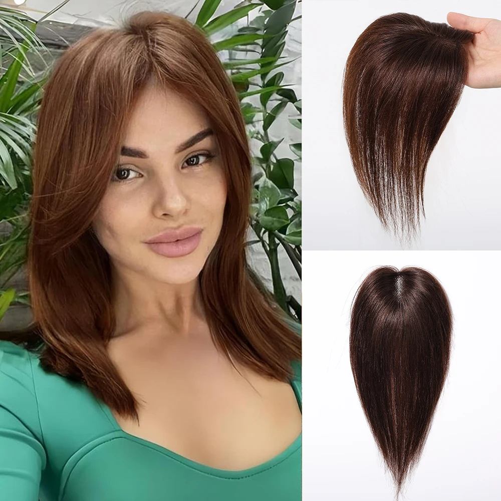 Dark Brown Hair Topper for Women 10 Inches 100% Remy Human Hair Topper Hair Pieces Clips in Topper Middle Part Silk Base Topper