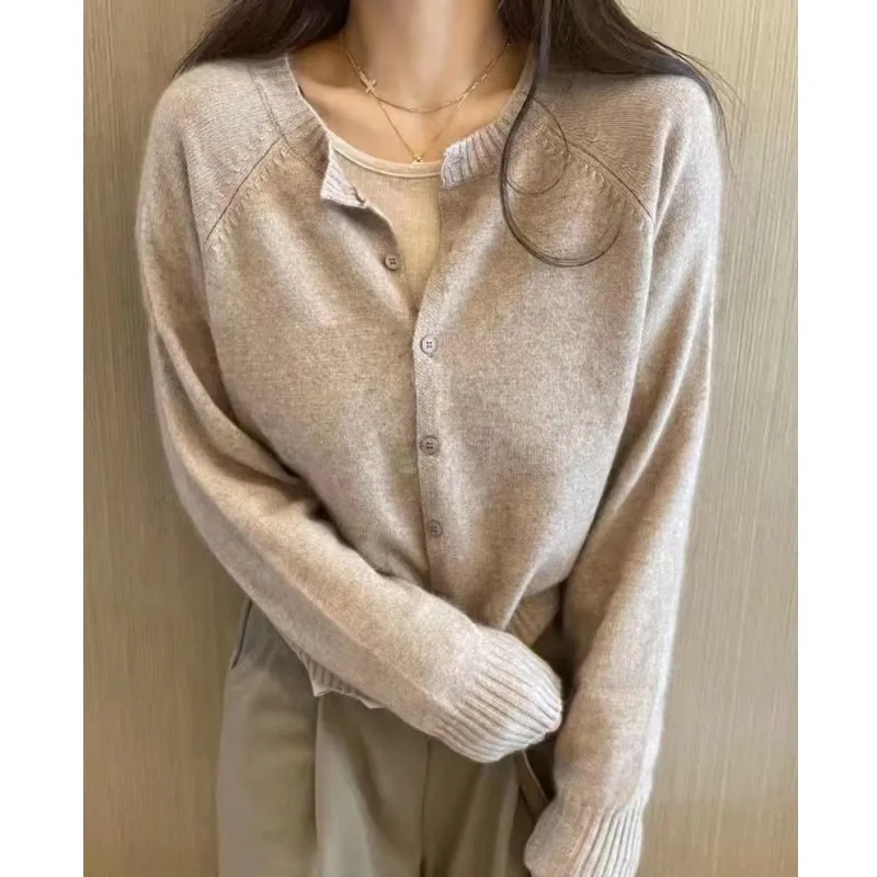 

Temperament versatile 100%cashmere knitted cardigan women's slimming sweater jacket spring and autumn round-neck wool bottom top