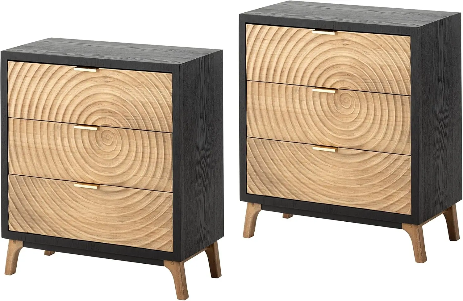 3-Drawer Farmhouse Dresser Set of 2 with Handcrafted Wood Ring Motif Black Nightstand for Bedroom Fully-Assembled Rustic Morden