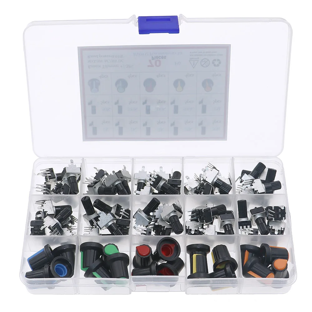 70Pcs 10Value 3Pin RV09 Vertical Adjustable Seal Rotary Potentiometer Box Kit 1K 2K 5K 10K 20K 50K 100K 200K 500K 1M with knobs