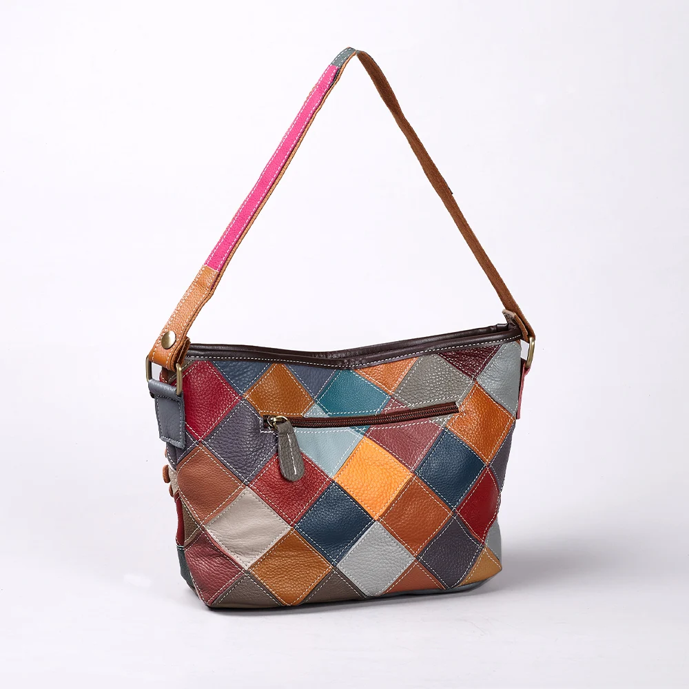 Handcrafted Leather Crossbody Bag  Bohemian Floral & Check Print  Colorblock Shoulder Purse