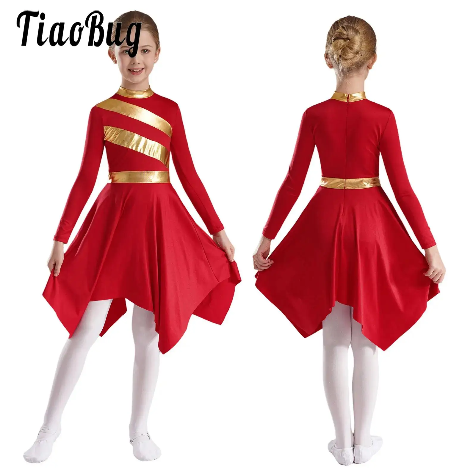 

Kids Girls Christian Dance Dress Praise Worship Robe Long Sleeve Contrast Color Tunic Lyrical Ballet Dress for Party Performance