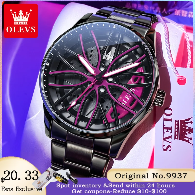 OLEVS 9937 Original Men's Quartz Watch High Quality Wheel Hub Rotating Dial Waterproof Luminous Top Luxury Brand Men's Watch