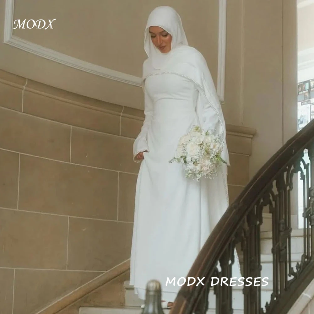 MODX Elegant Muslim Wedding Dresses Satin Shawl Long Sleeve Evening Gown Floor-Length Bridal Wedding Party Gown Customized 2026