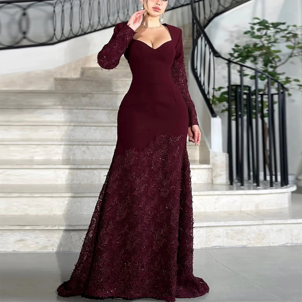Customized Burgundy Evening Dresses For Women Sweetheart Full Sleeve Mermaid Cocktail Dress Fall Gowns 2026
