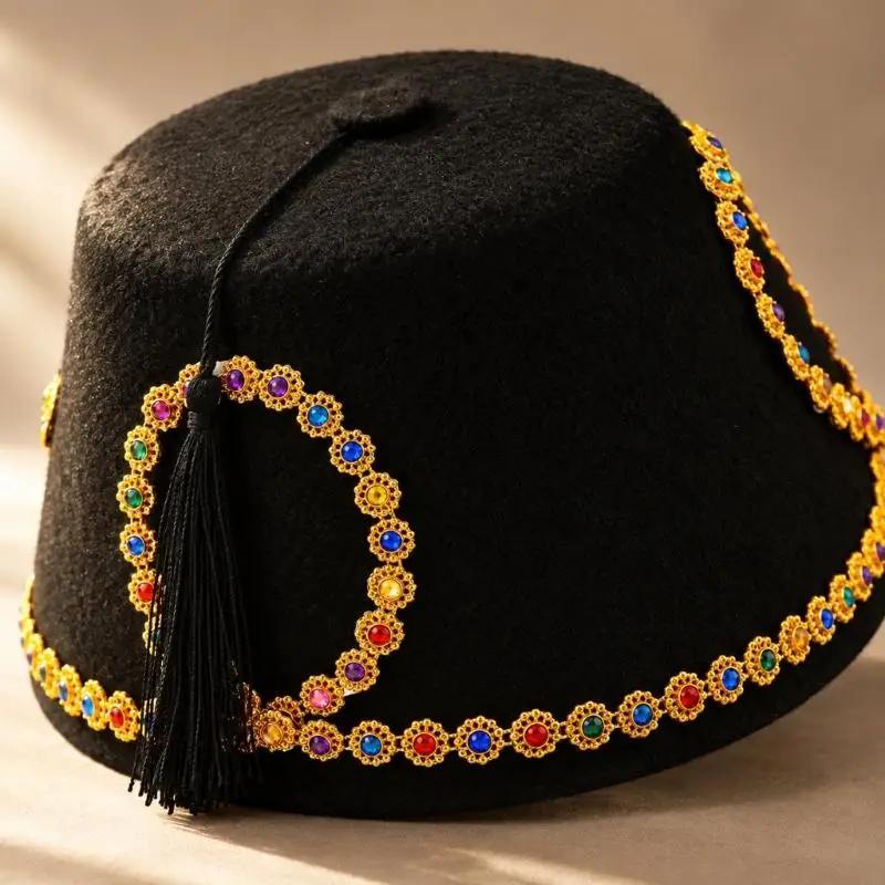 2026 New Fez-Style Costume Hat with Gold-Tone Colorful Trim and Long Black Tassels for Parties, Stage Shows, and Cosplay Event