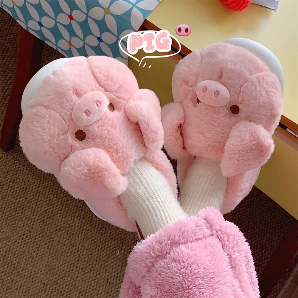 Winter new pig slipper woman fuzzy fleece piglet slides shoes women\'s pink bowknot piggy slipper indoor home shoes furry loafer