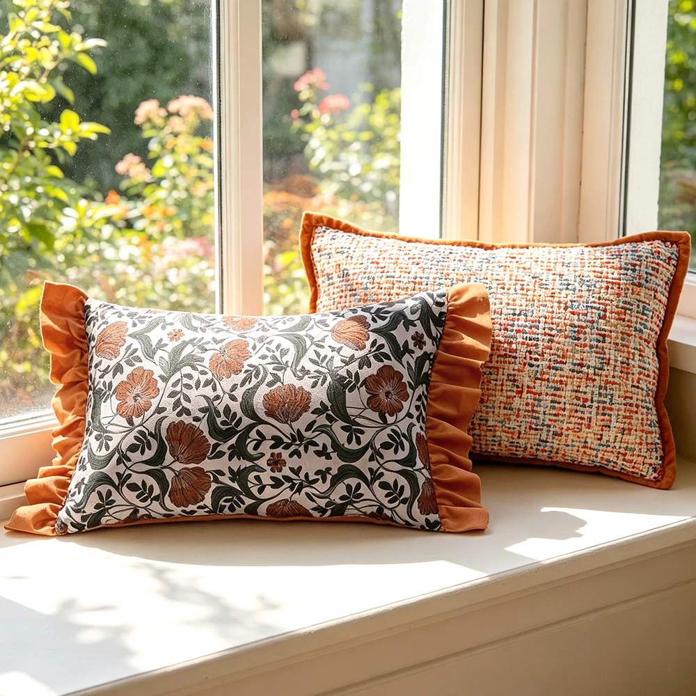 BUYNOW 1PC Flower Printed Cushion Cover Ruffle Edge Pillowcase Soft Home Decor for Sofa Bedroom Living Room Cussion Cover