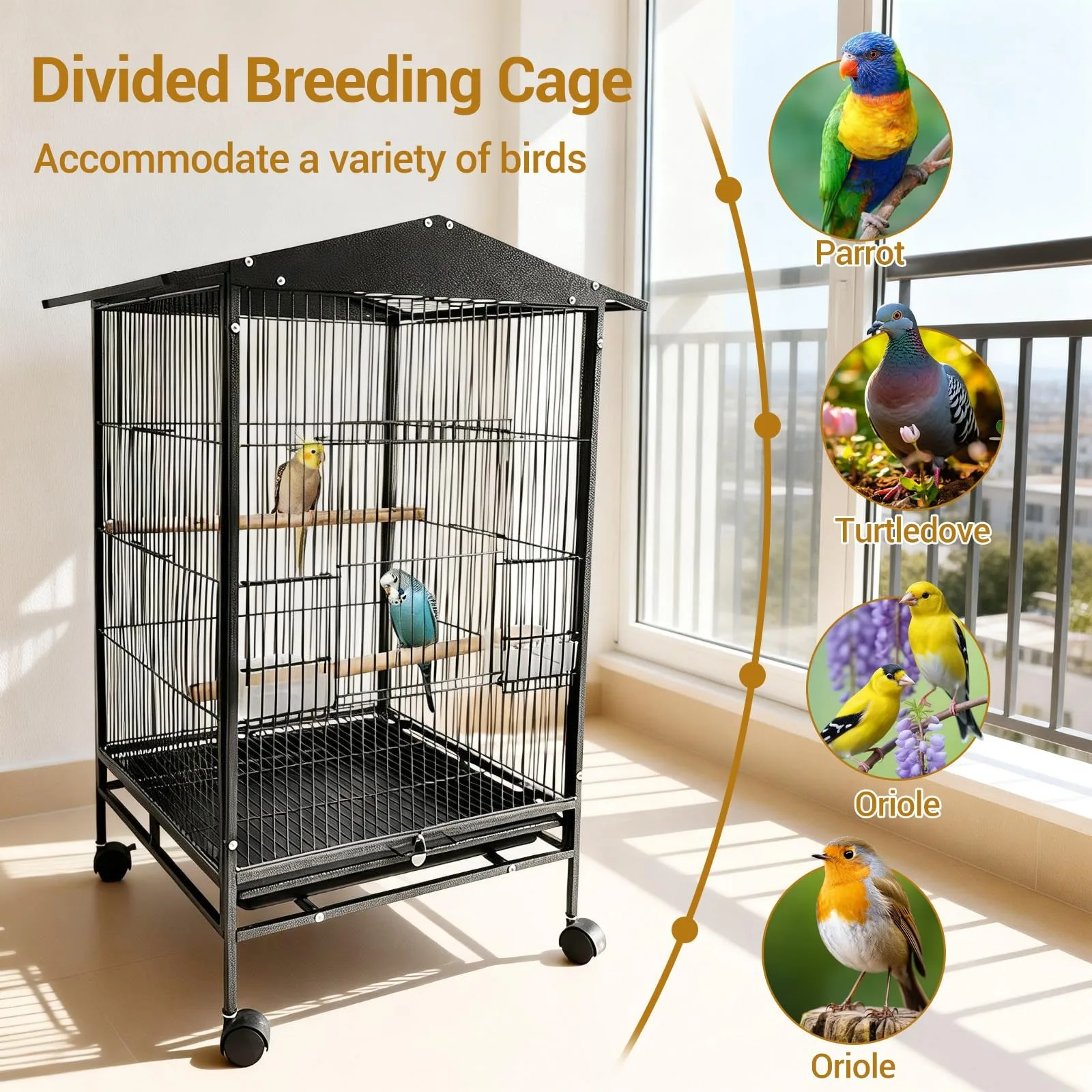 

Bird Cage with Wheels, Durable Wrought Iron Parakeet Cage with Slide Out Tray & Wooden Perches for Lovebird Cockatiels Budgies