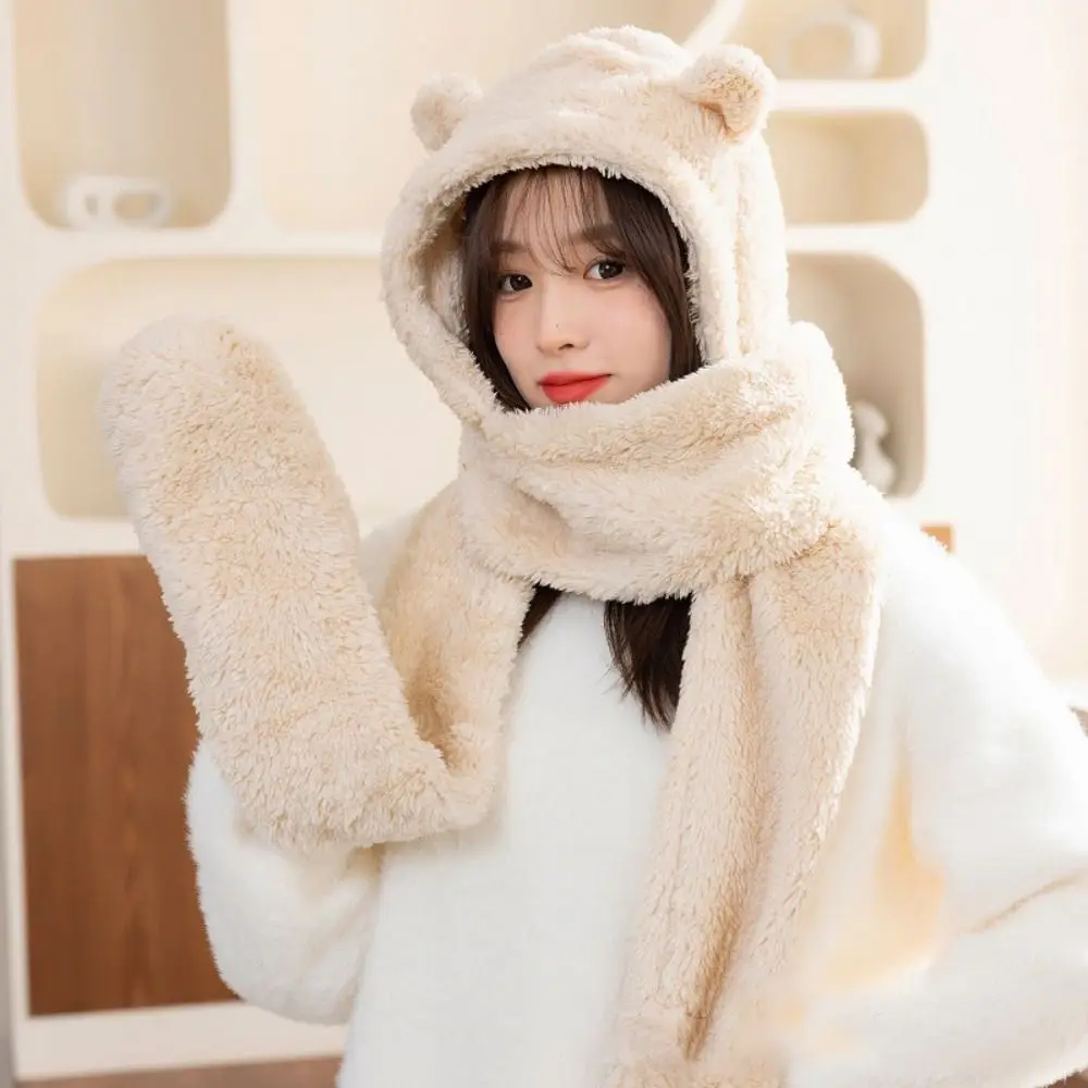 

Soft Fleece Bear Ear Hat Scarf Hat Scarf Gloves One Piece Double Layer Thickened 3 in1 Beanies Caps Ear Protector