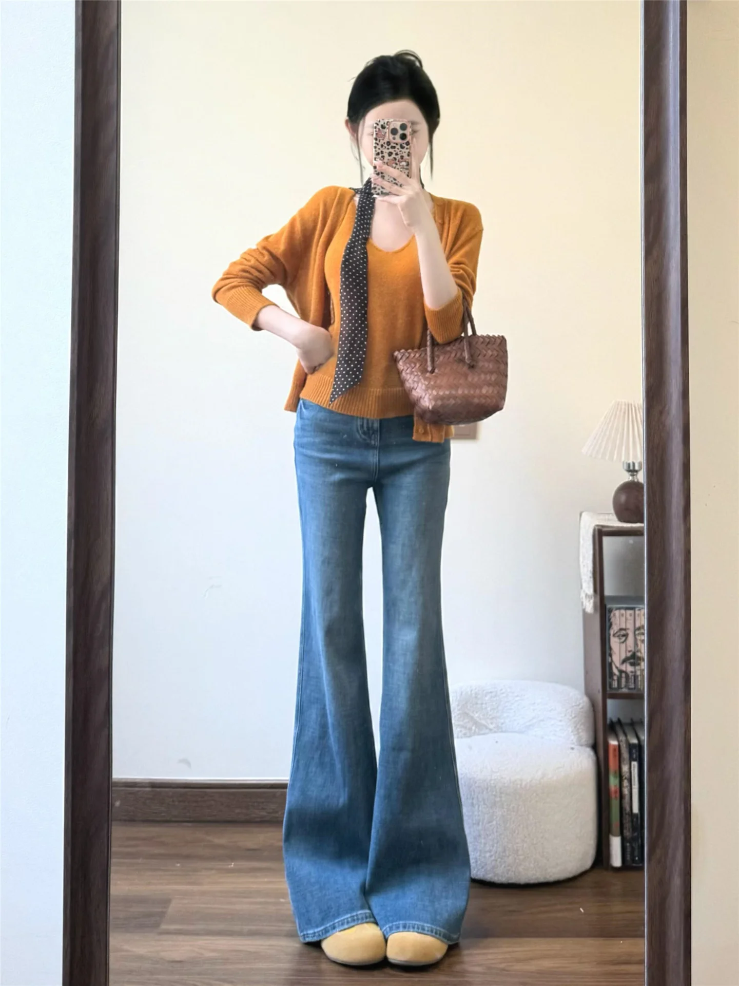 

Retro Blue Bell Bottom Jeans Women's Loose Drapey Tall Extended Casual Floor Length Pants High Waist Cotton Soft Washed