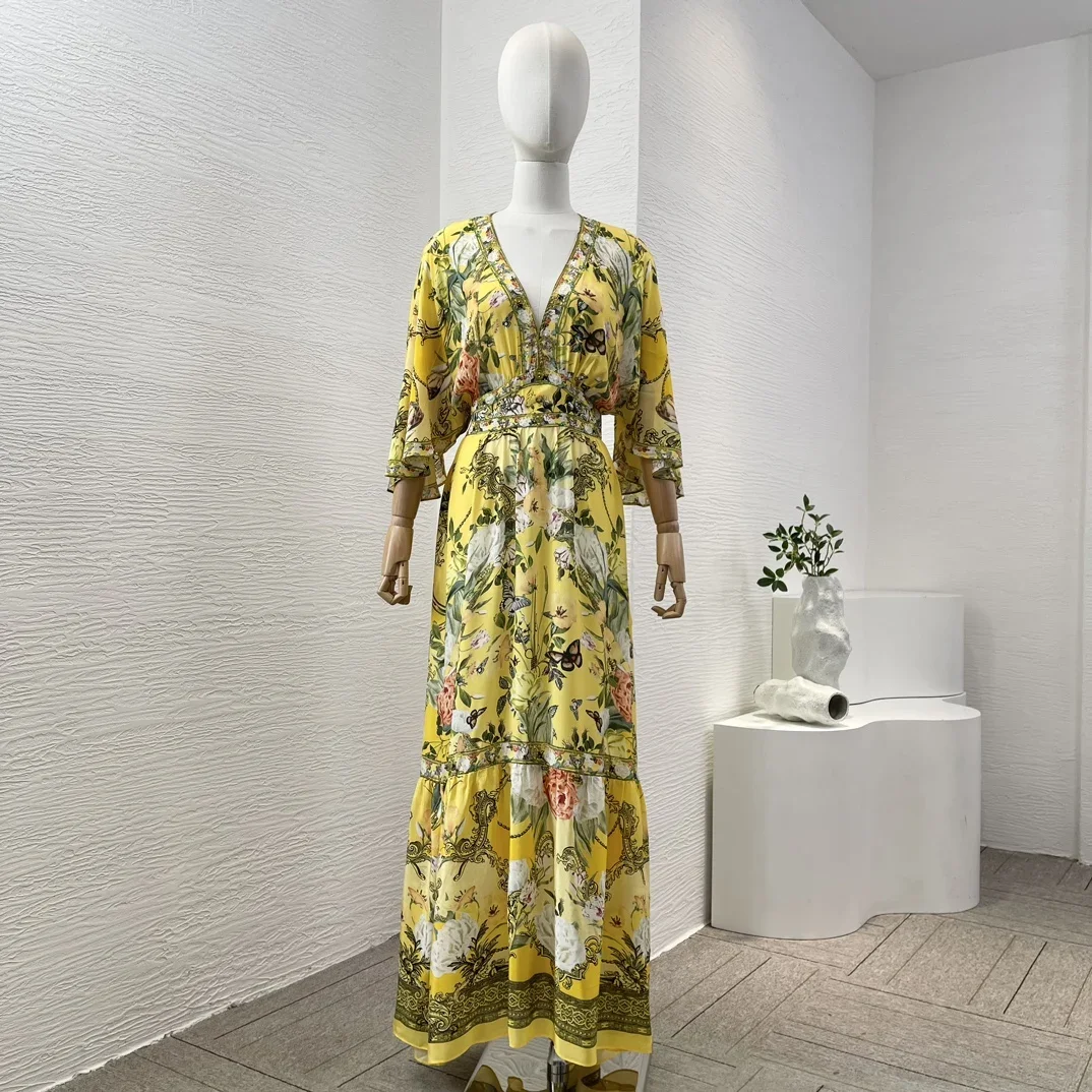 High Quality Yellow Floral Butterfly Print Maxi Dress for Women with 3/4 Sleeves Deep V-Neck Diamonds Summer Dresses for Holiday