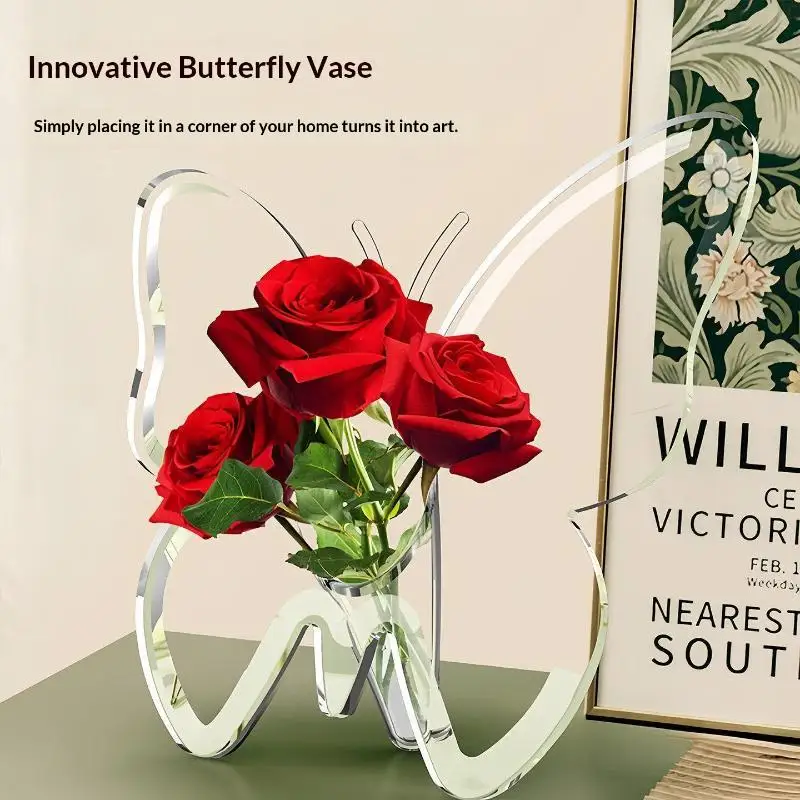 Clear Acrylic Butterfly Shaped Vase Modern High Transparent Hydroponic Container for Aesthetic Home Room Decor