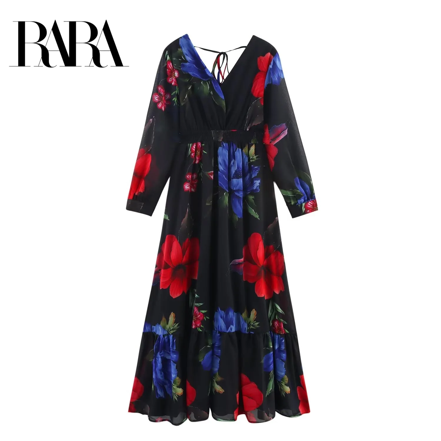 

RARA 2025 Women's Long - Sleeve V - Neck Tie - Back Floral Print Belted Tiered Maxi Dress for Spring and Summer