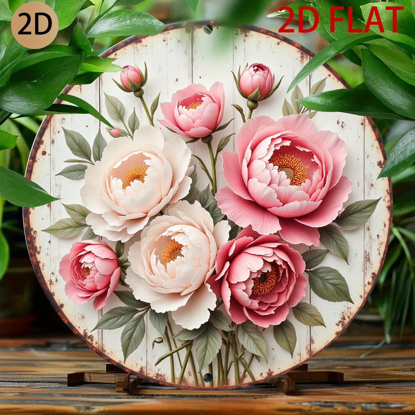 Soft Pink Peony Multi Layer Floral Round Metal Sign 20x20cm 2D Flat Cottage Front Porch Garden Wall Decor Gift