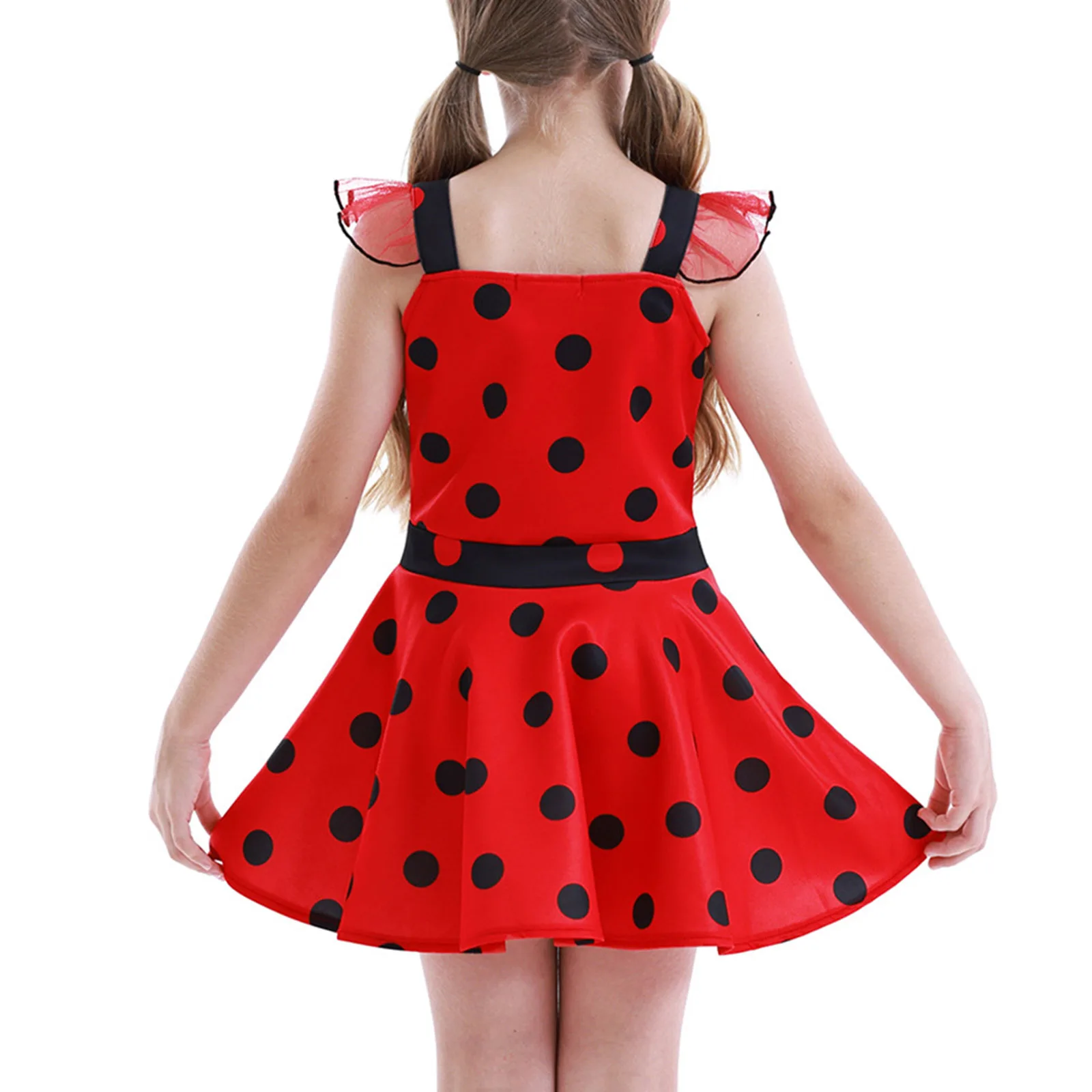 Halloween Kids Girls Cartoon Ladybug Dress Cosplay Costumes Straps Sleeveless Polka Dots Print High Waist A-line Short Dresses