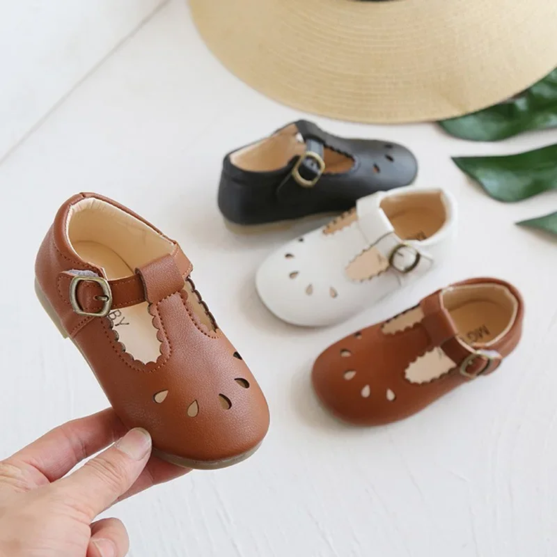 Kids T Strap Leather Shoes Girls Hollow Outs Princess Shoes Boys Breathable Flats Black White Child Baby Toddlers Summer Autumn