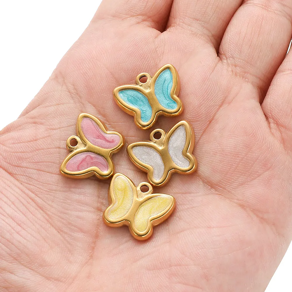 5Pcs Stainless Steel Multicolor Enamel Quicksand Cute Butterfly Charms for Necklace Pendants DIY Jewelry Making