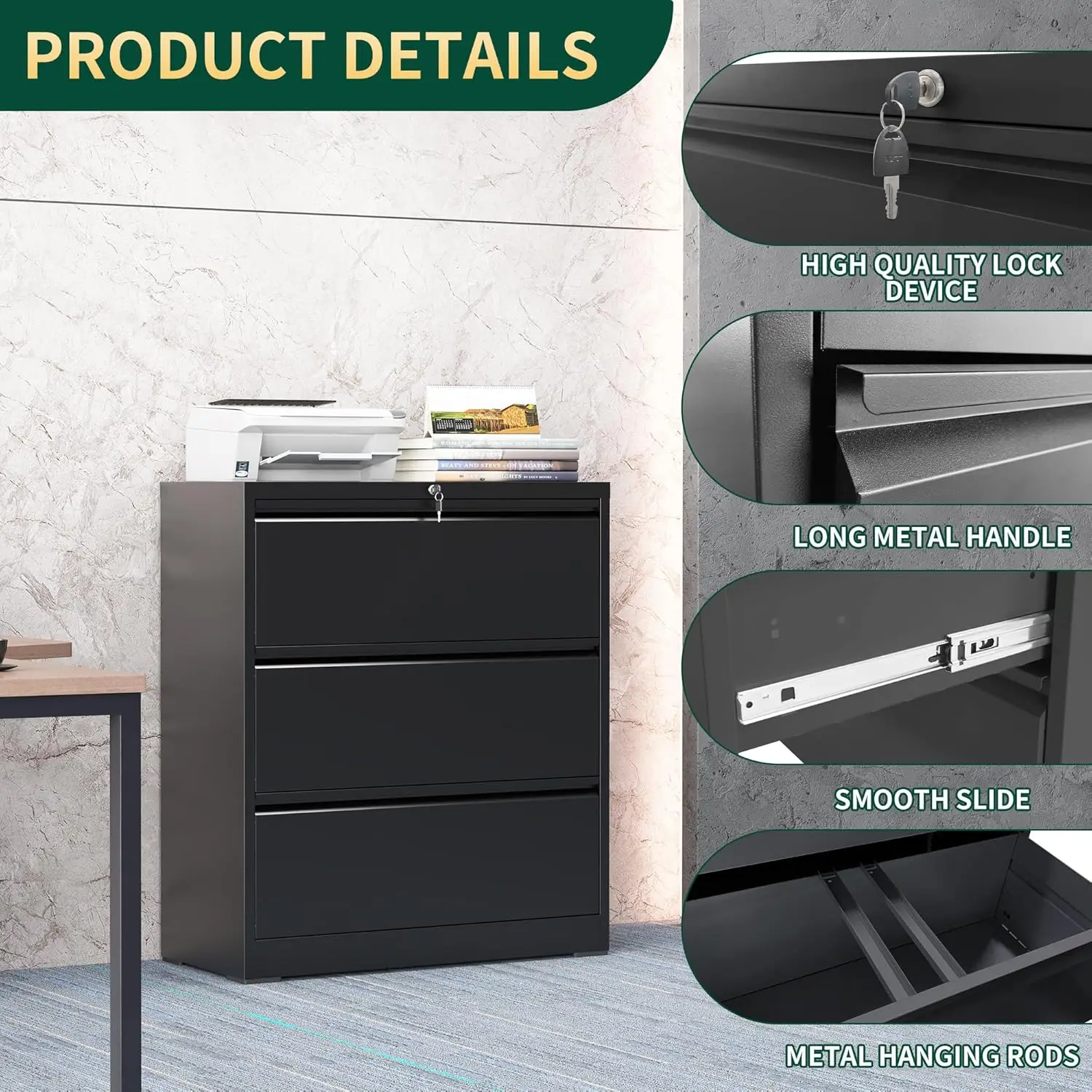 3-Drawer Lateral File Cabinet with Lock, Black Steel Filing Cabinet for Home Office