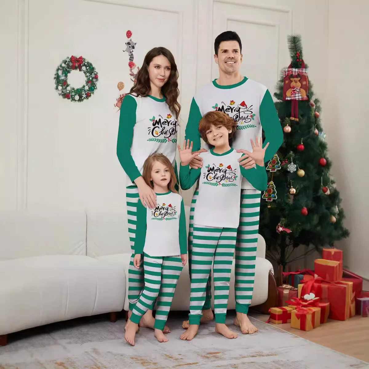 

New parent-child Christmas set long-sleeved holiday home wear pajamas with European American blue white striped letter prints