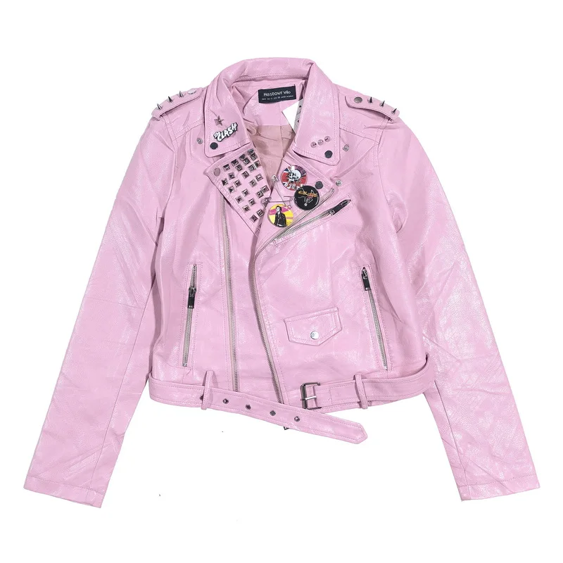 European American Original Handmade Punk Rock Rivet Leather Jacket Badge Pink Oblique Zipper Locomotive Leather Jacket Women