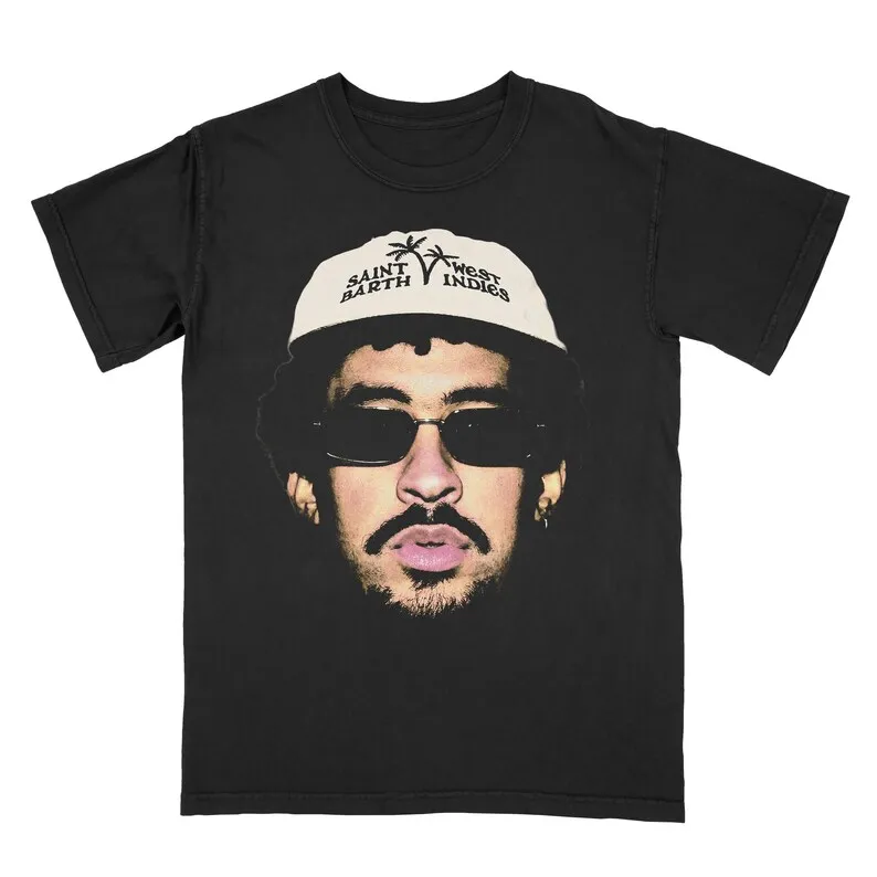 Bad Bunny Signature Portrait Themed Oversize T-Shirt: Black Base with Artist Image & Iconic Logo Design Fan Merch