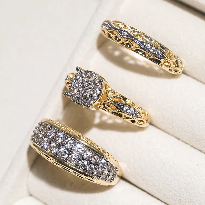CAOSHI Vintage 3 Piece Wedding Luxury Ring Set Round Cluster Paved Zircon Stackable Engagement Promise Finger Jewelry for Women