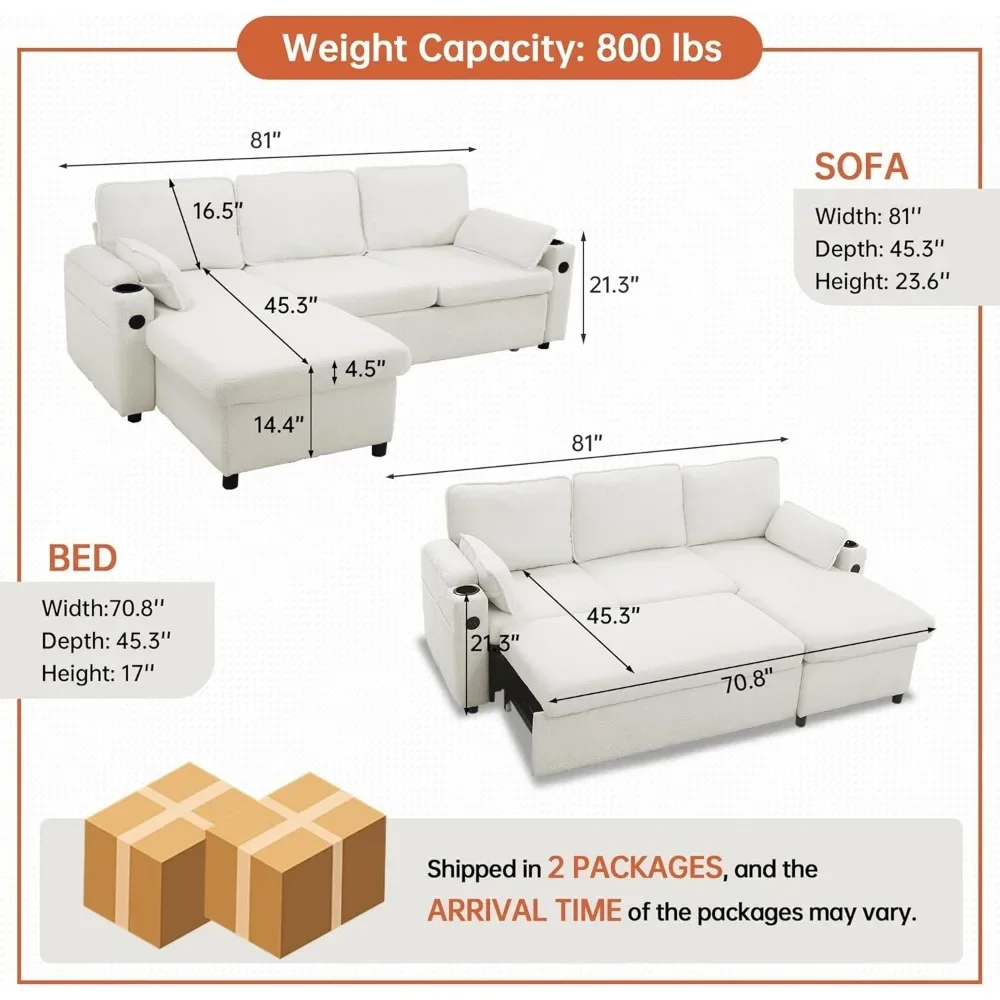 Sofa Bed,Sleeper Sofa Couch with Pullout Bed for Living Room, L Shaped Couch with Storage Chaise, USB, Cup Holder (White Boucle)