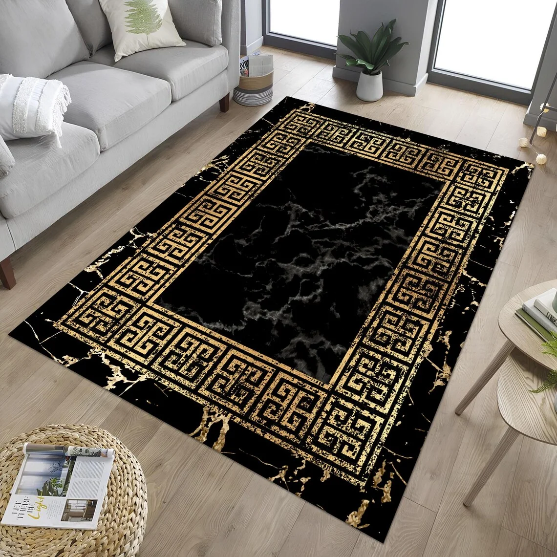 Luxury Black Gold Greek Key Area Rug Marble Print Border Carpet – Soft Non-Slip Floor Mat for Living Room Bedroom Elegant Decor